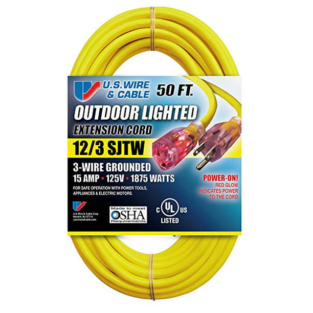 Yellow, 6-Pack US Wire 12/3 SJTW 100-Foot Outdoor Lighted Extension Cord 